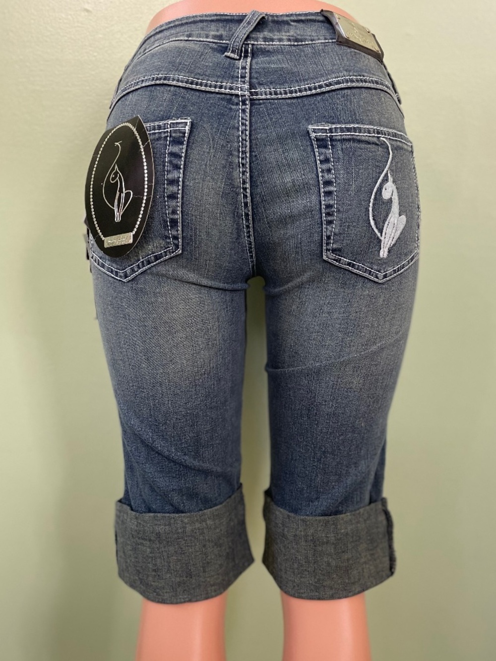 Baby Phat Women's Blue Denim Cuffed Capri Jeans Cat Logo NWT Size 5